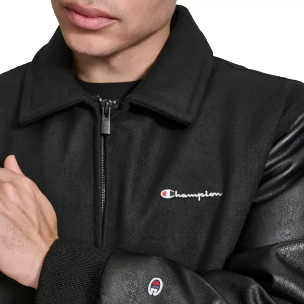 imageChampion Mens Letterman Varsity Bomber Zipper Closure Jacket with Faux Leather SleevesBlack
