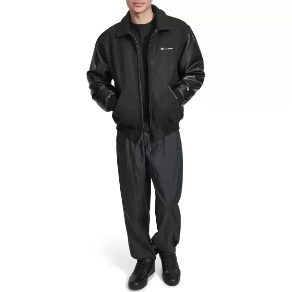 imageChampion Mens Letterman Varsity Bomber Zipper Closure Jacket with Faux Leather SleevesBlack