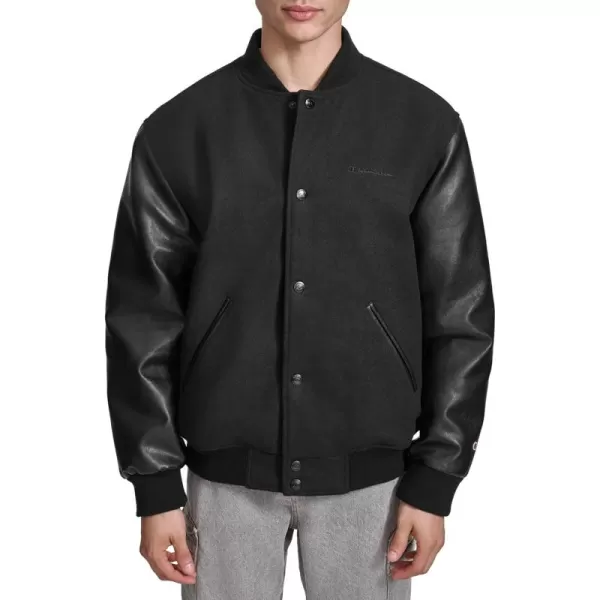 imageChampion Mens Letterman Varsity Bomber Jacket with Faux Leather SleevesBlack