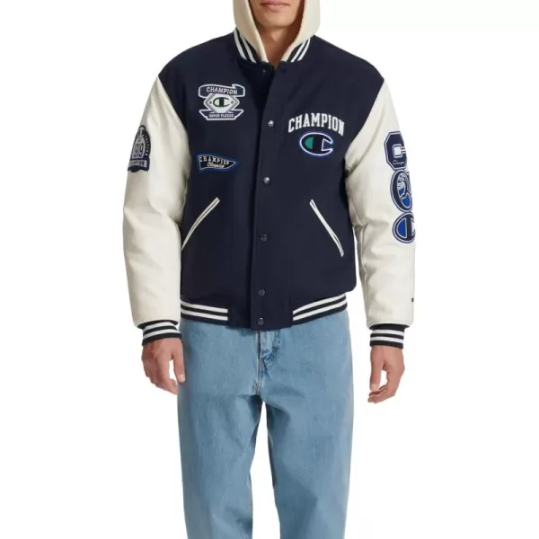 imageChampion Mens Letterman Varsity Bomber Jacket with PatchesNavyWhite