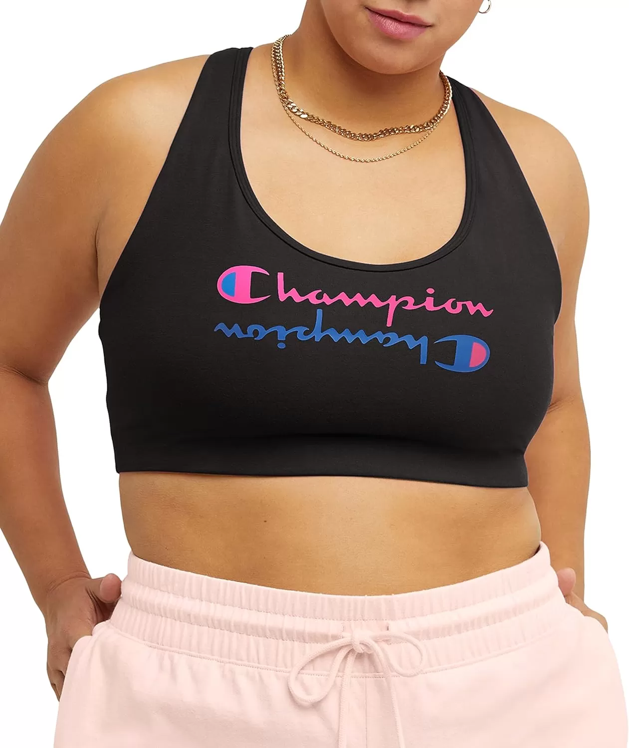 imageChampion WomenS Sports Bra Authentic Moderate Support Classic Sports Bra For Women Plus Size AvailableBlack Mirrored Script