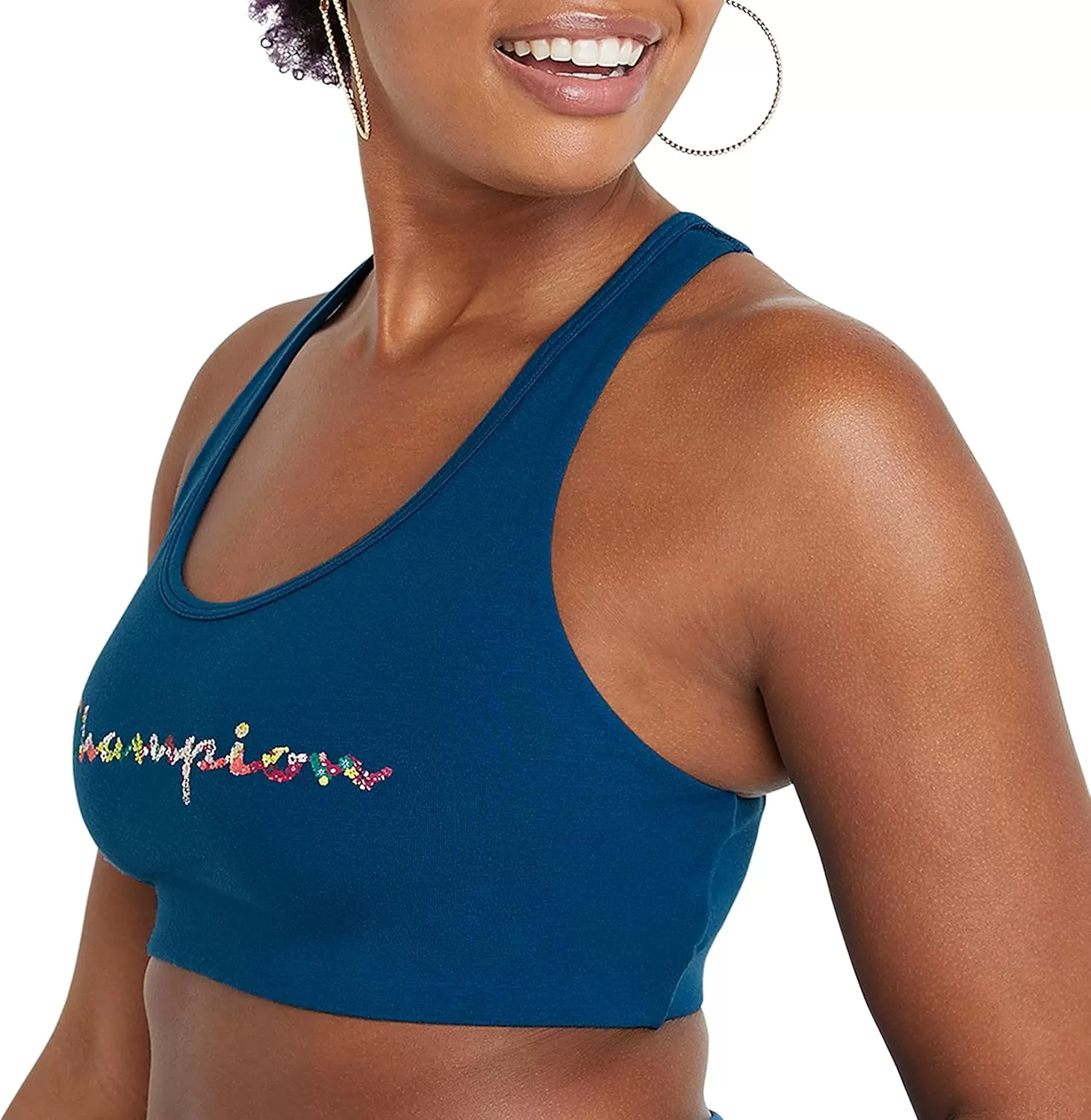 imageChampion WomenS Sports Bra Authentic Moderate Support Classic Sports Bra For Women Plus Size AvailableFresh Teal Floral Fill Script
