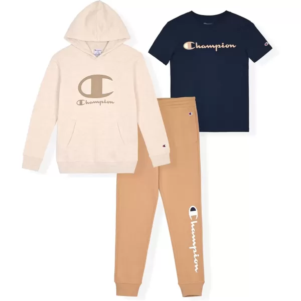 imageChampion Boys Sweatsuit Set for Kids 3 Piece Boys Hoodie Jogger and Tee Shirt Tracksuit OutfitNavyoatmealkhaki
