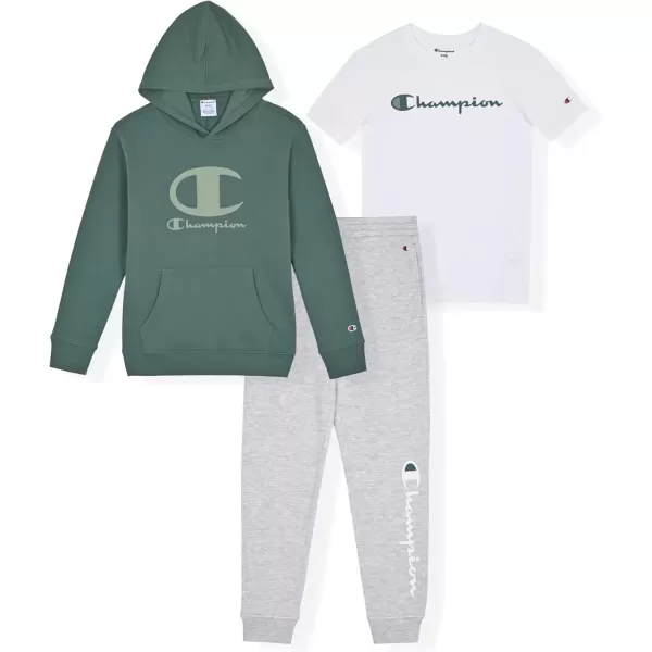 imageChampion Boys Sweatsuit Set for Kids 3 Piece Boys Hoodie Jogger and Tee Shirt Tracksuit OutfitWhitegraydark Forest