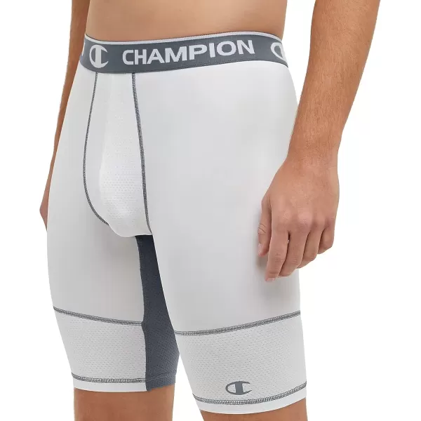 imageChampion Mens Compression Shorts with Total Support Pouch 6quot ampamp 9quotWhiteStormy Night C Logo