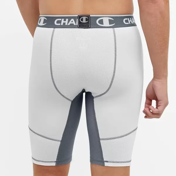 imageChampion Mens Compression Shorts with Total Support Pouch 6quot ampamp 9quotWhiteStormy Night C Logo