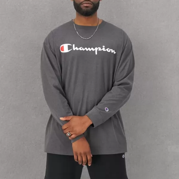 imageChampion Mens Classic Long Sleeve Soft Comfortable TShirt Regular or Big ampamp TallGranite Heather Script