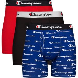 imageChampion Mens Every Day Comfort Stretch Cotton Boxer Briefs 3 PackBlue White Script LogoBlackRed  3 Pack