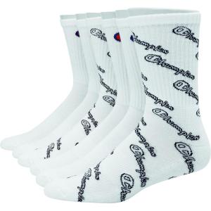 imageChampion Mens Double Dry Moisture Wicking Crew Socks 6 8 12 Packs AvailableWhite With All Over Script  6 Pack