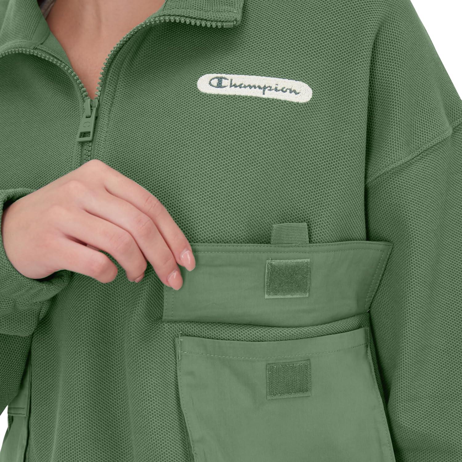 imageChampion Womens Jacket Campus Pique 14 Zip Pullover Jacket with Pockets For WomenNurture Green