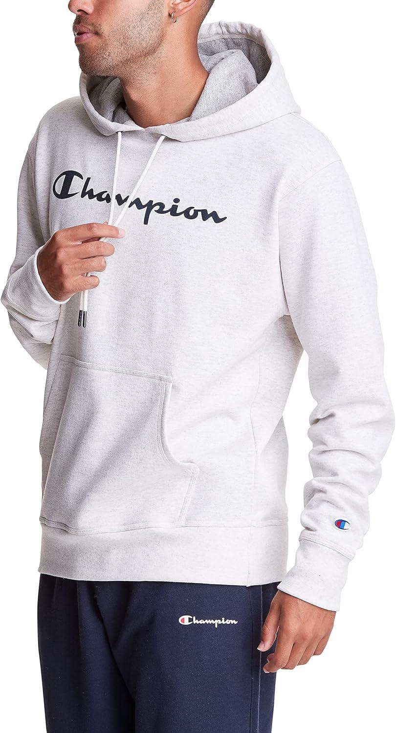 imageChampion Mens Powerblend Fleece Hoodie Sweatshirt with Script Logo Regular and Big ampamp TallOatmeal Heather Script
