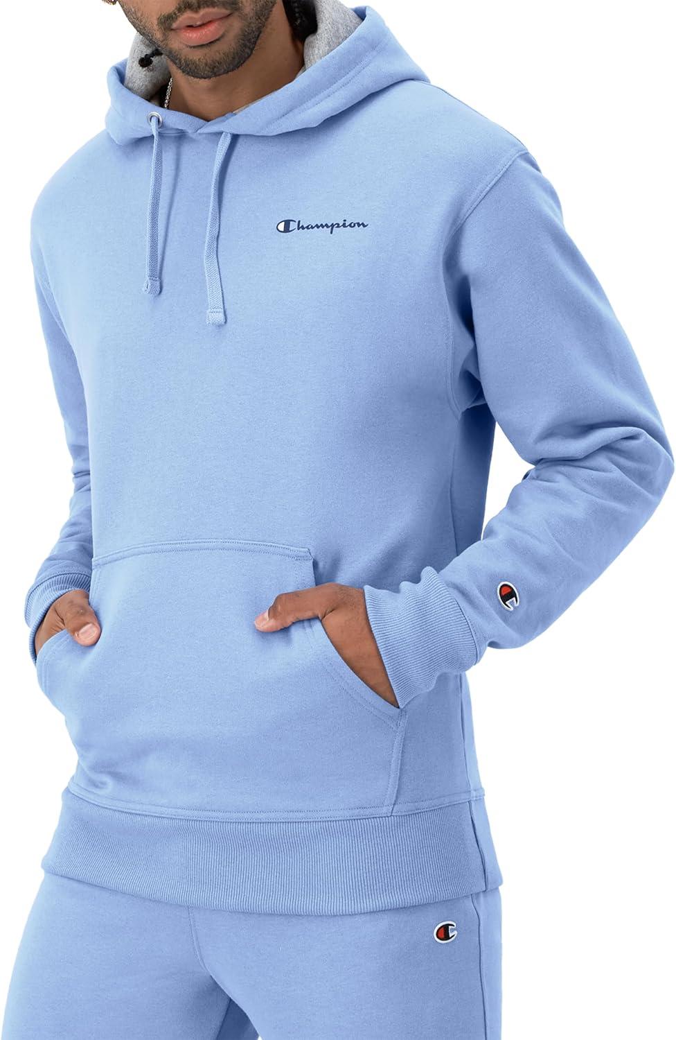 imageChampion Mens Powerblend Fleece Hoodie Sweatshirt with Script Logo Regular and Big ampamp TallPlaster Blue Small Script