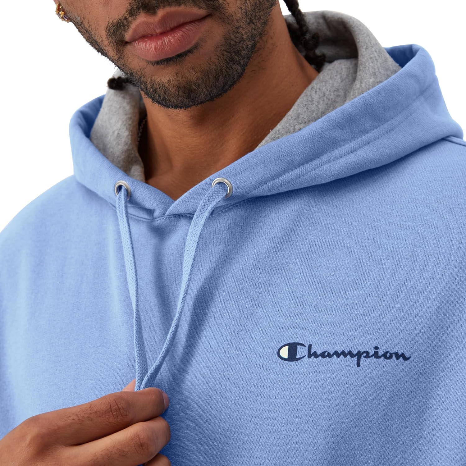 imageChampion Mens Powerblend Fleece Hoodie Sweatshirt with Script Logo Regular and Big ampamp TallPlaster Blue Small Script