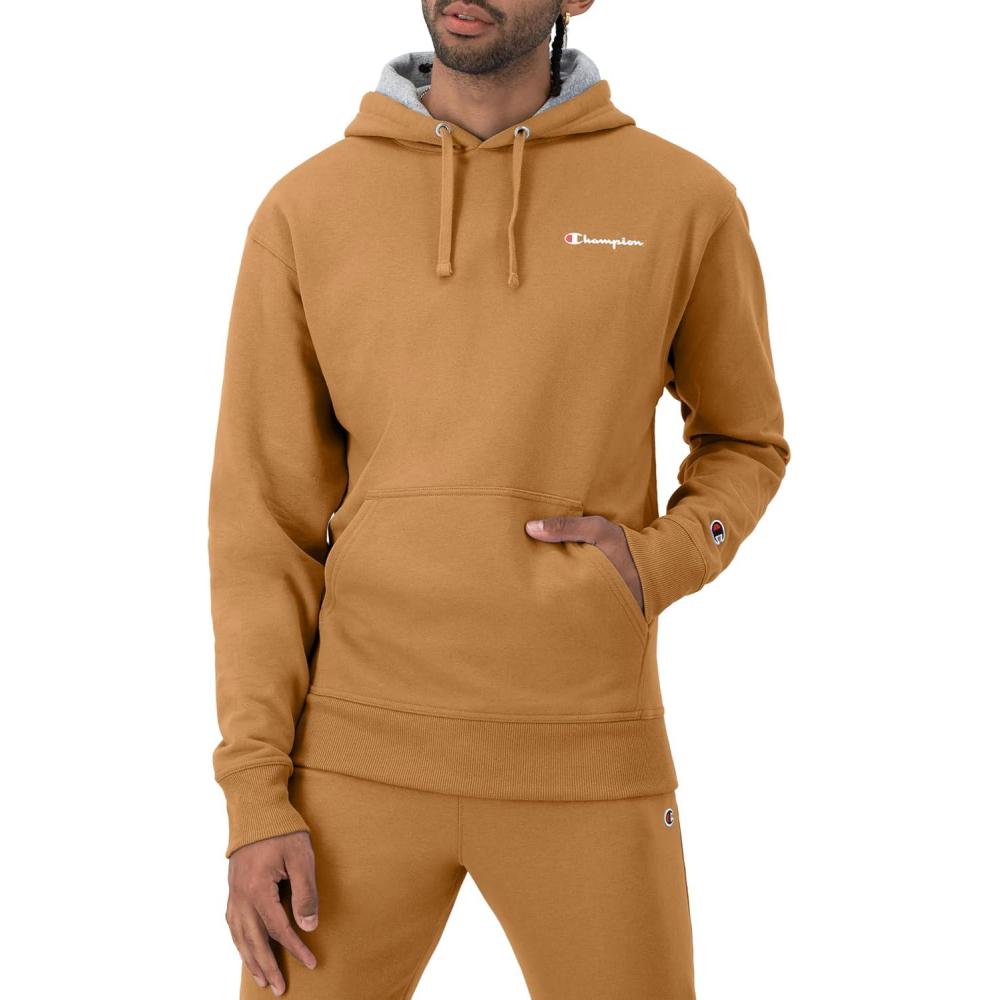 imageChampion Mens Powerblend Fleece Hoodie Sweatshirt with Script Logo Regular and Big ampamp TallBriefly Brown Small Script