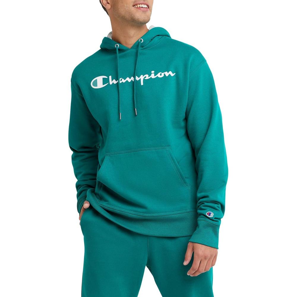 imageChampion Mens Powerblend Fleece Hoodie Sweatshirt with Script Logo Regular and Big ampamp TallDark Emerald Script