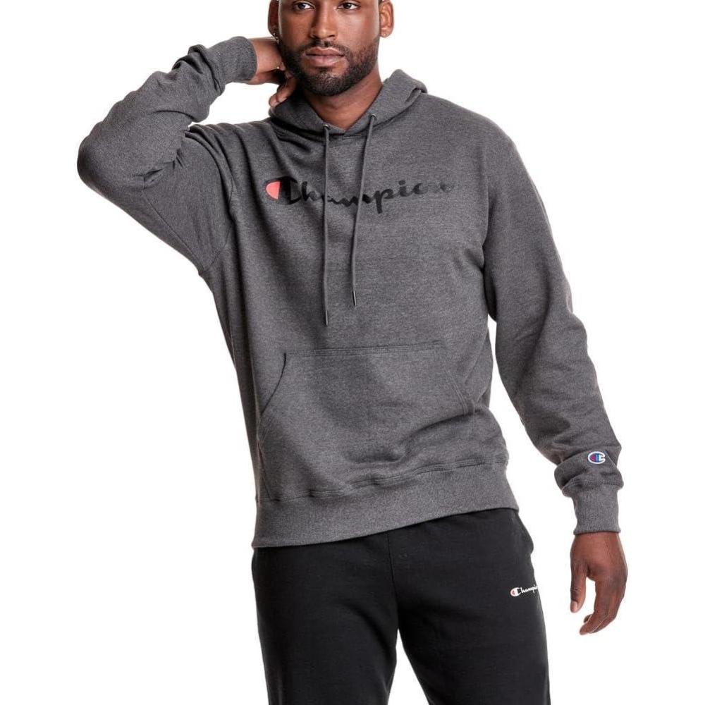 imageChampion Mens Powerblend Fleece Hoodie Sweatshirt with Script Logo Regular and Big ampamp TallGranite Heather Script