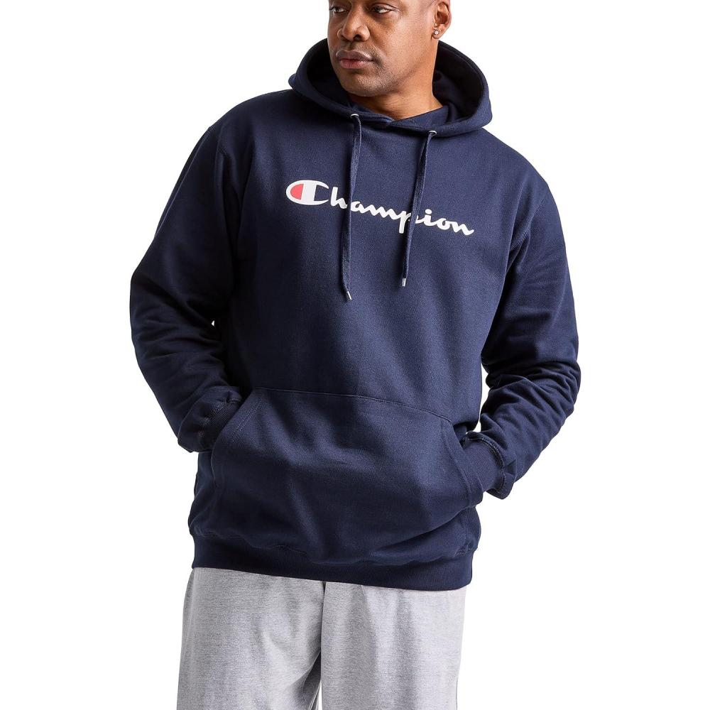 imageChampion Mens Powerblend Fleece Hoodie Sweatshirt with Script Logo Regular and Big ampamp TallNavy Script