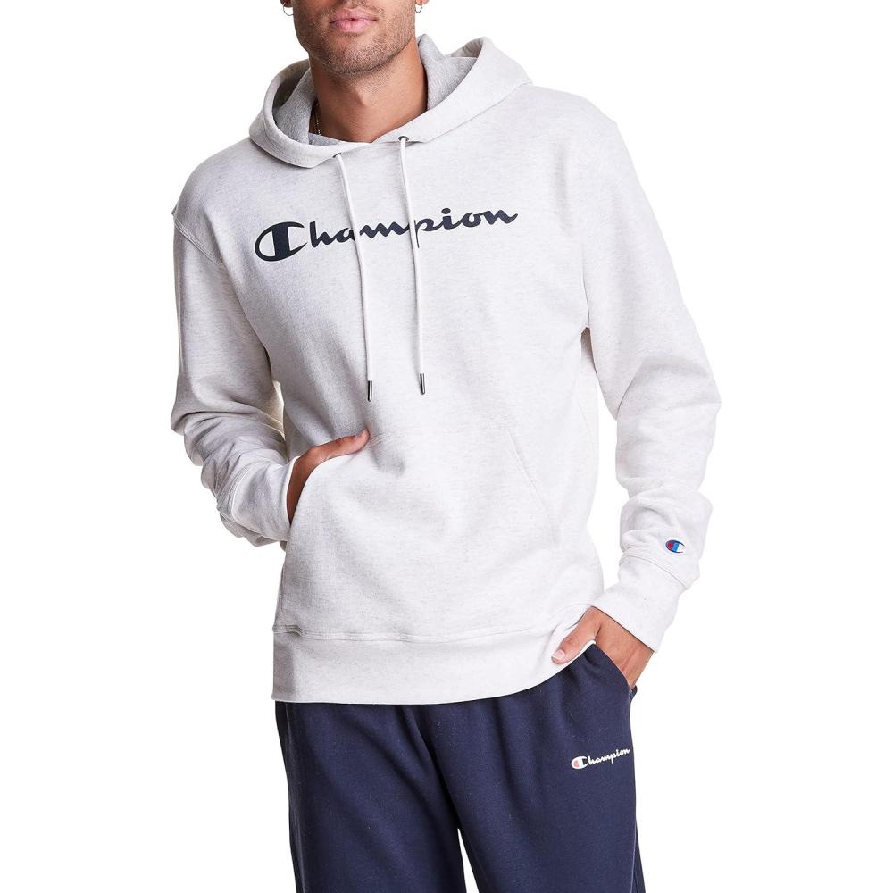 imageChampion Mens Powerblend Fleece Hoodie Sweatshirt with Script Logo Regular and Big ampamp TallOatmeal Heather Script