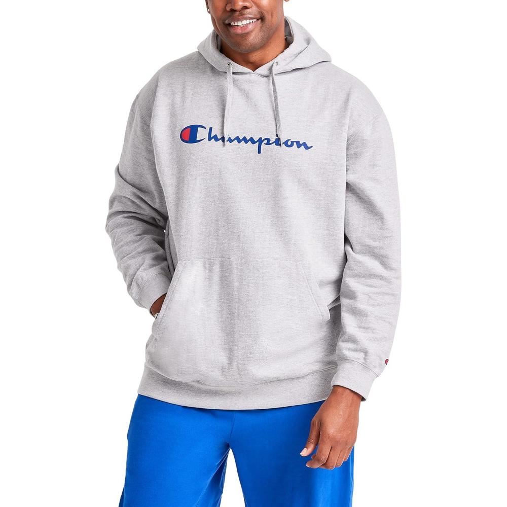 imageChampion Mens Powerblend Fleece Hoodie Sweatshirt with Script Logo Regular and Big ampamp TallOxford Gray Script