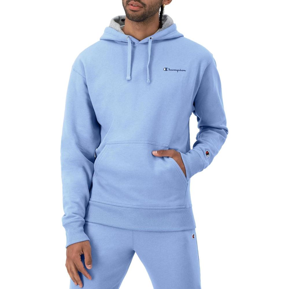 imageChampion Mens Powerblend Fleece Hoodie Sweatshirt with Script Logo Regular and Big ampamp TallPlaster Blue Small Script