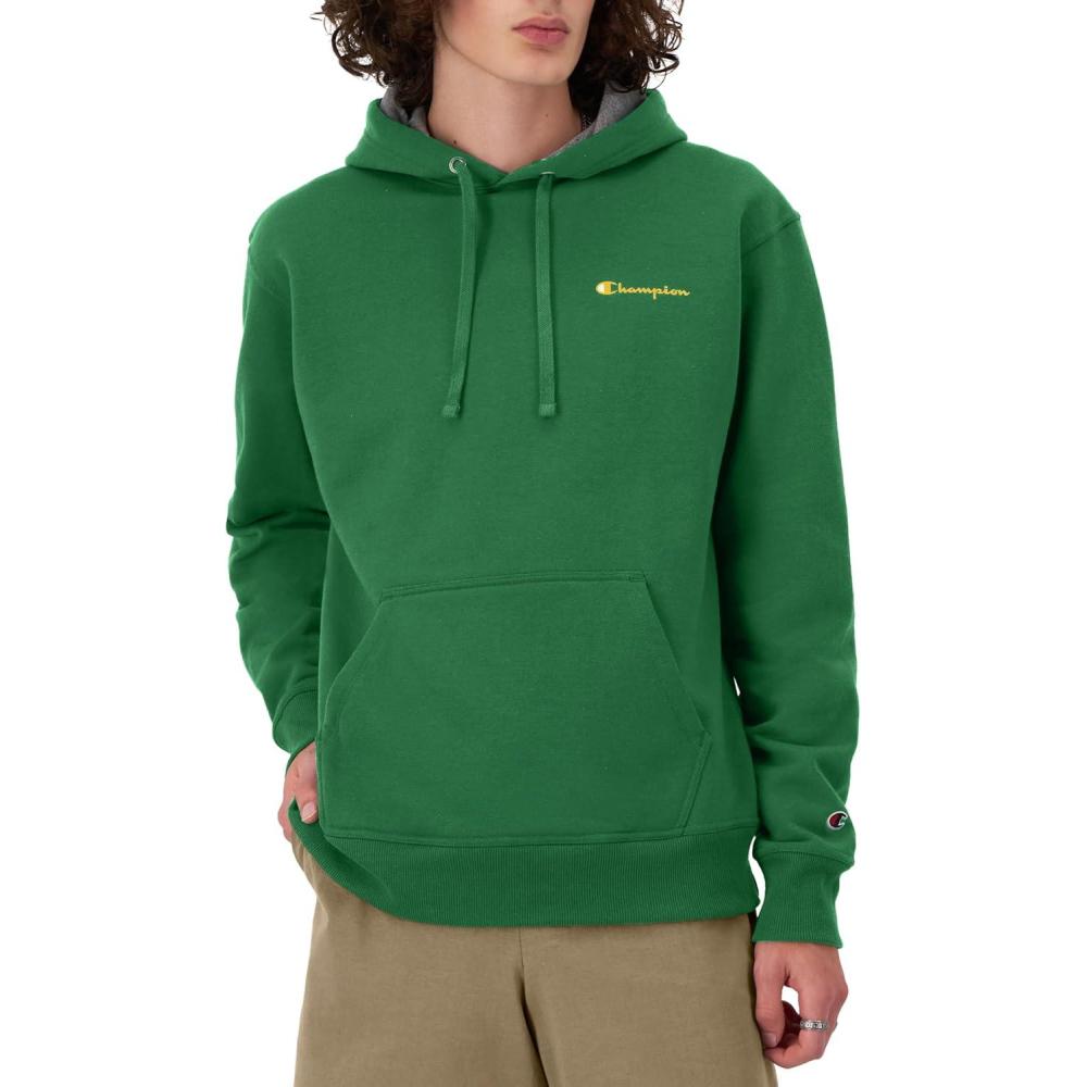 imageChampion Mens Powerblend Fleece Hoodie Sweatshirt with Script Logo Regular and Big ampamp TallRoad Sign Green Small Script