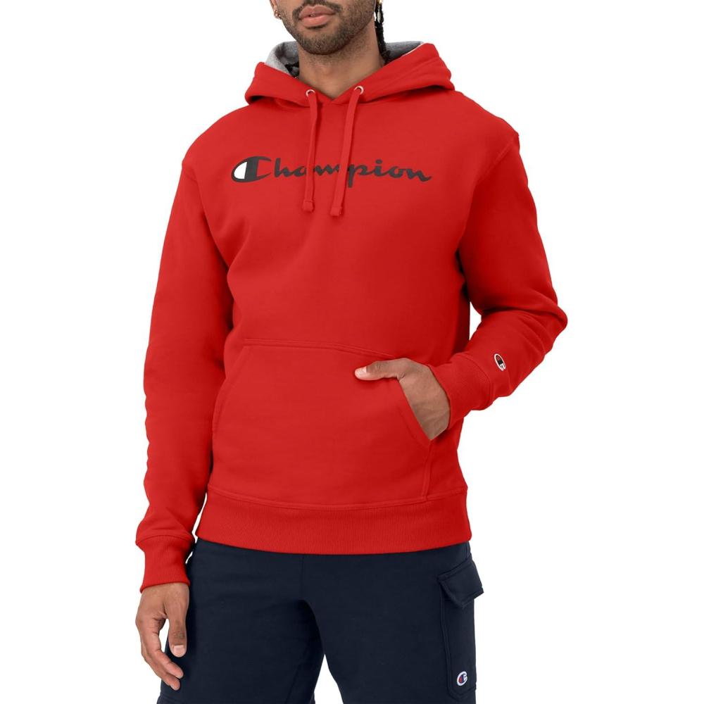 imageChampion Mens Powerblend Fleece Hoodie Sweatshirt with Script Logo Regular and Big ampamp TallTeam Red Scarlet Script