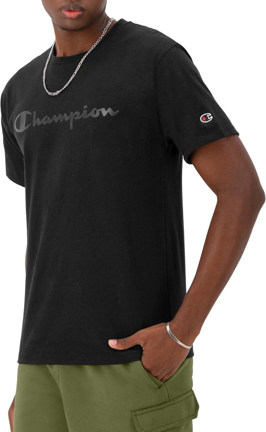imageChampion Mens Heritage Short Sleeve Tee Mens TShirts Vintage Shirts Mens Tee Shirts GraphicsBlack  Tonal Script Logo