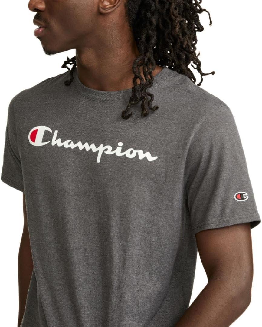 imageChampion Mens Heritage Short Sleeve Tee Mens TShirts Vintage Shirts Mens Tee Shirts GraphicsGranite Heather  Classic Script Logo