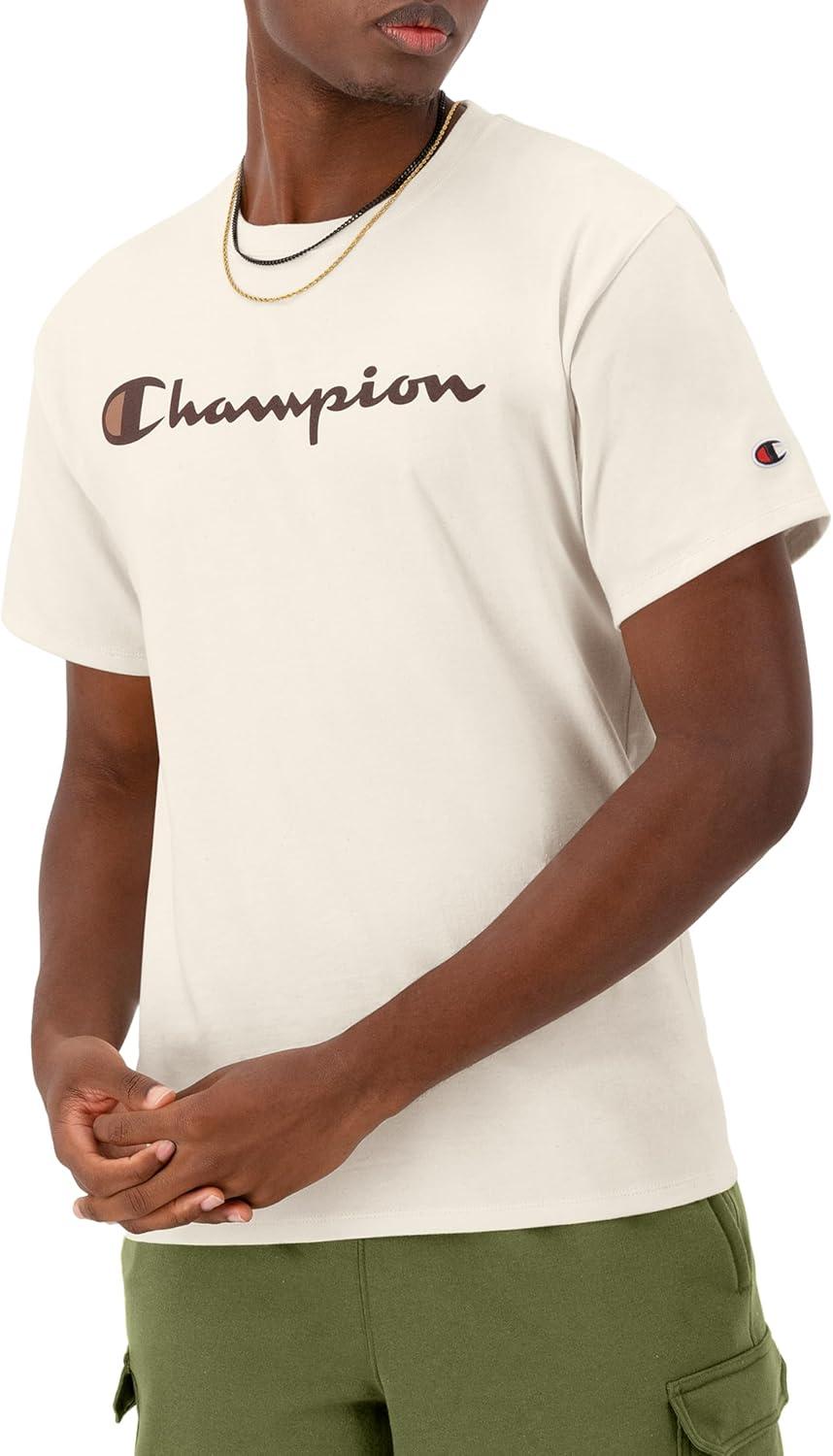 imageChampion Mens Heritage Short Sleeve Tee Mens TShirts Vintage Shirts Mens Tee Shirts GraphicsNatural  Classic Script Logo