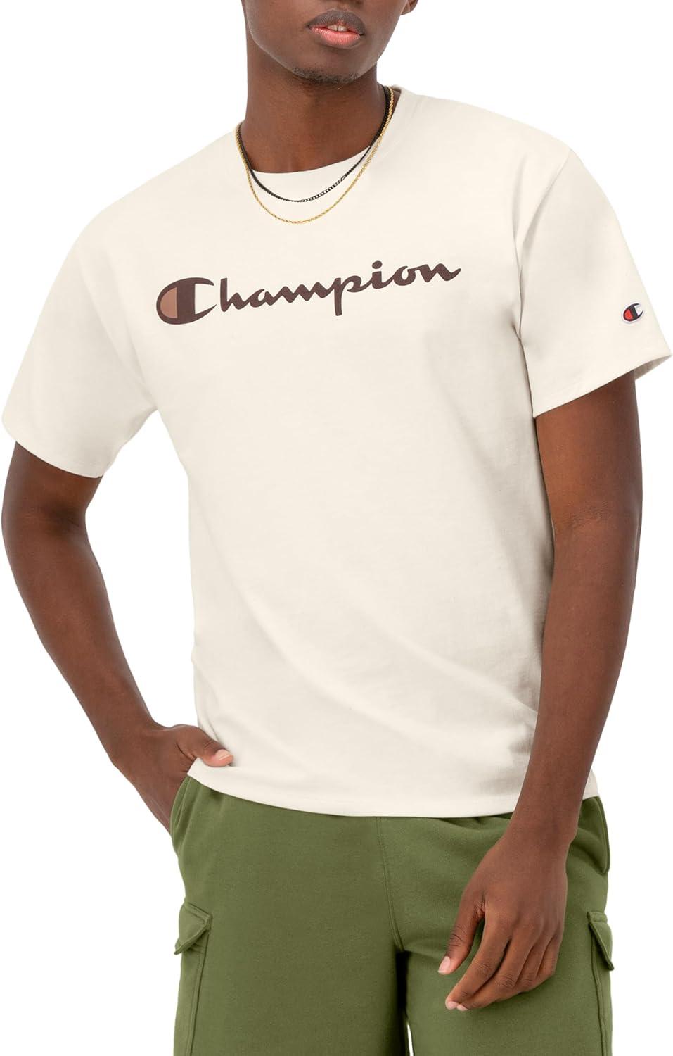 imageChampion Mens Heritage Short Sleeve Tee Mens TShirts Vintage Shirts Mens Tee Shirts GraphicsNatural  Classic Script Logo