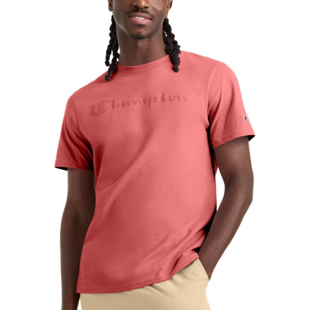imageChampion Mens Heritage Short Sleeve Tee Mens TShirts Vintage Shirts Mens Tee Shirts GraphicsCosy Brick Red  Tonal Script Logo