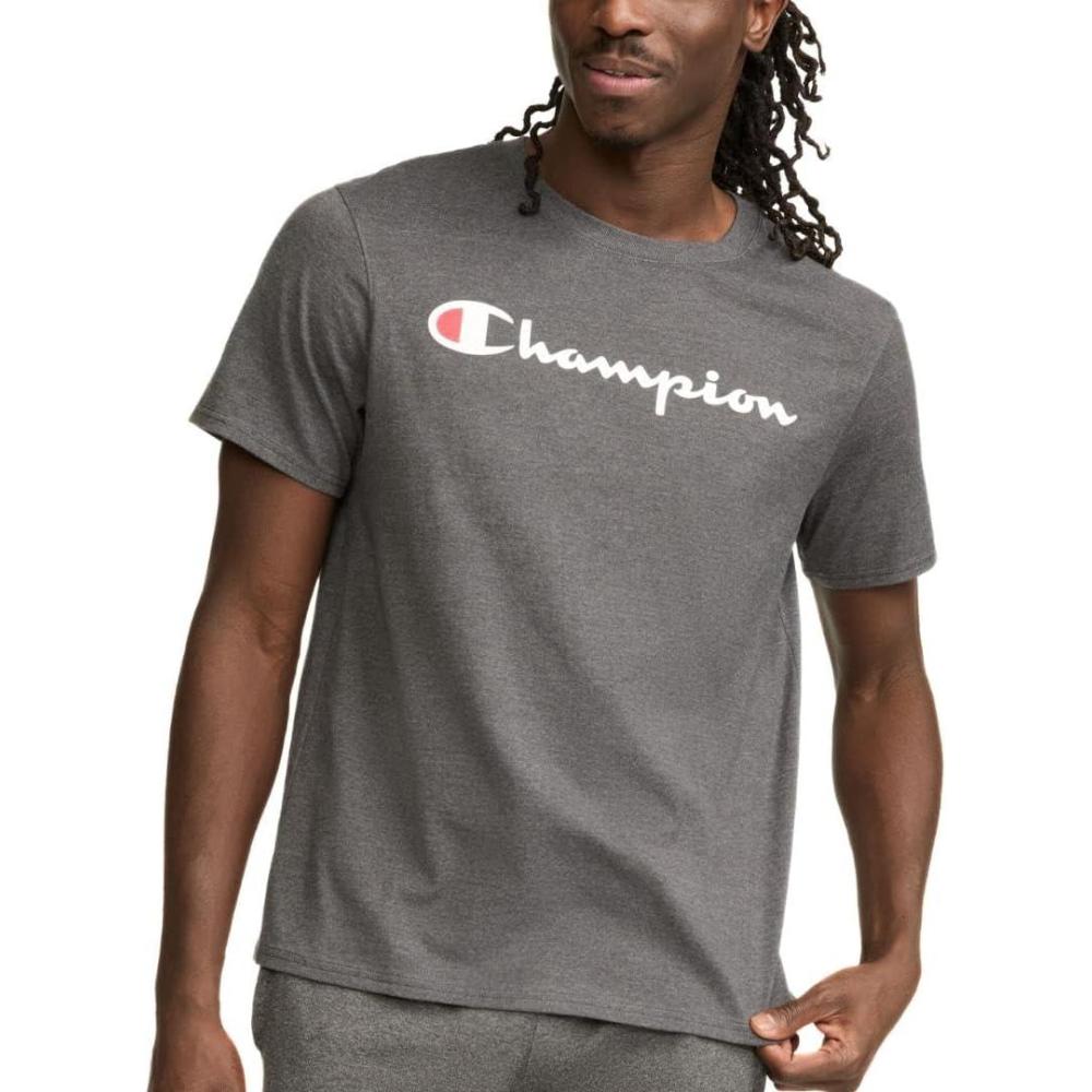 imageChampion Mens Heritage Short Sleeve Tee Mens TShirts Vintage Shirts Mens Tee Shirts GraphicsGranite Heather  Classic Script Logo