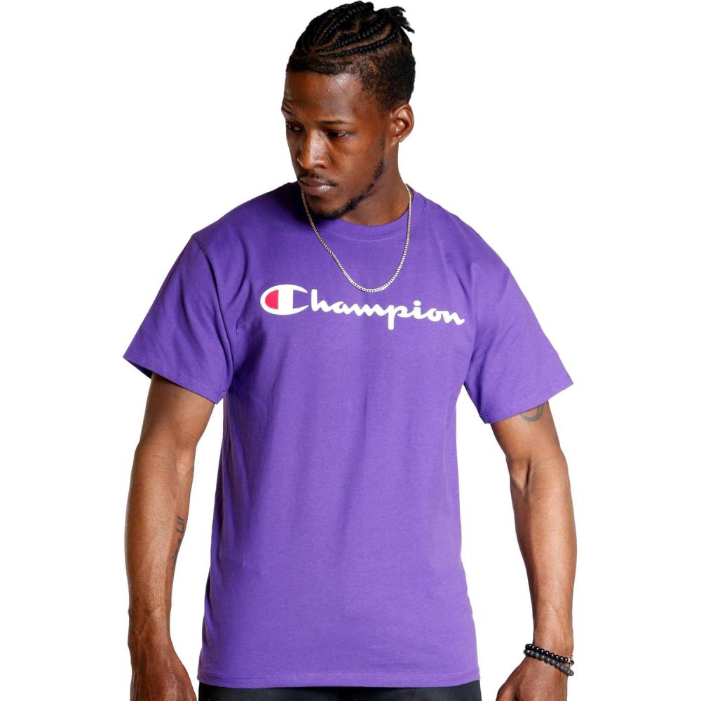 imageChampion Mens Heritage Short Sleeve Tee Mens TShirts Vintage Shirts Mens Tee Shirts GraphicsPurple Pr  Classic Script Logo