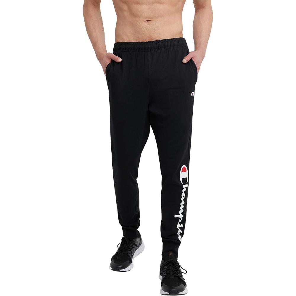 imageChampion Mens Joggers Everyday Cotton Lightweight Lounge Knit Pants for Men 31quotBlack  Classic Script Logo