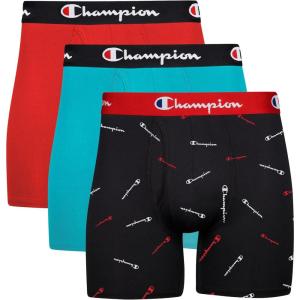 imageChampion Mens Everyday Active Lightweight Stretch Variety Boxer Briefs  3 PackBlack With Script LogoElectric CyanScarlet  3 Pack