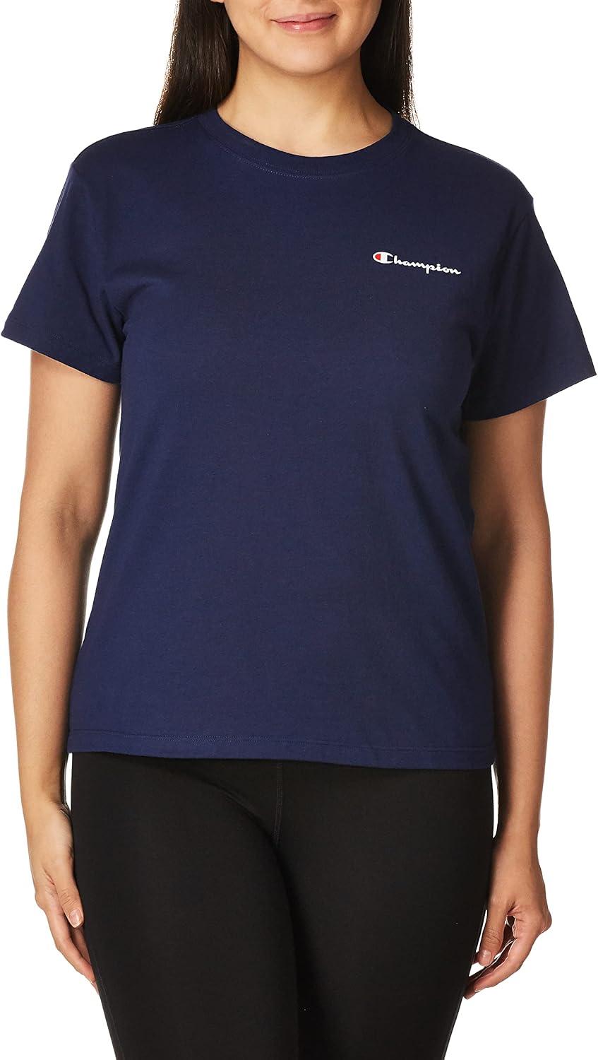 imageChampion Womens Classic Short Sleeve Graphic TShirt Standard Fit Script LogoAthletic Navy  Classic Script Logo