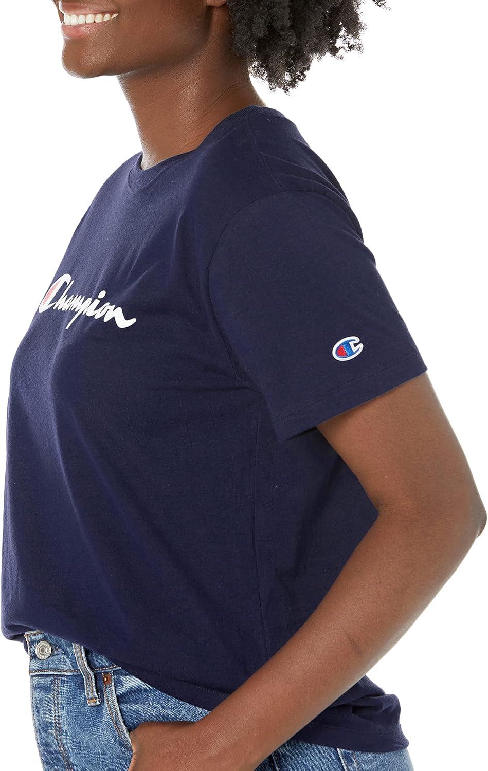 imageChampion Womens Classic Short Sleeve Graphic TShirt Standard Fit Script LogoAthletic Navy  Classic Script Logo