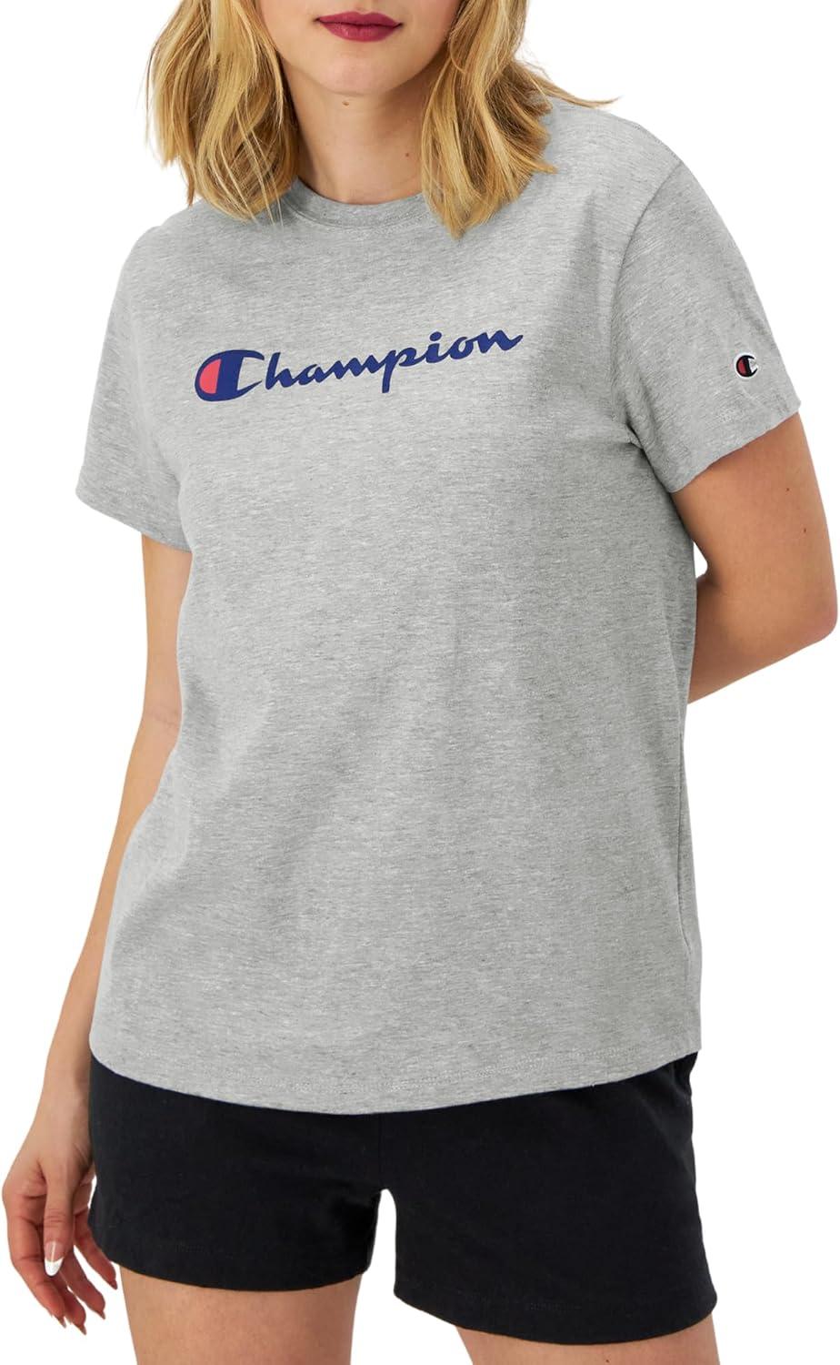 imageChampion Womens Classic Short Sleeve Graphic TShirt Standard Fit Script LogoOxford Gray  Classic Script Logo