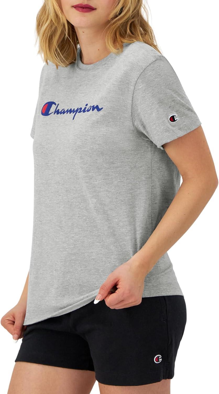 imageChampion Womens Classic Short Sleeve Graphic TShirt Standard Fit Script LogoOxford Gray  Classic Script Logo