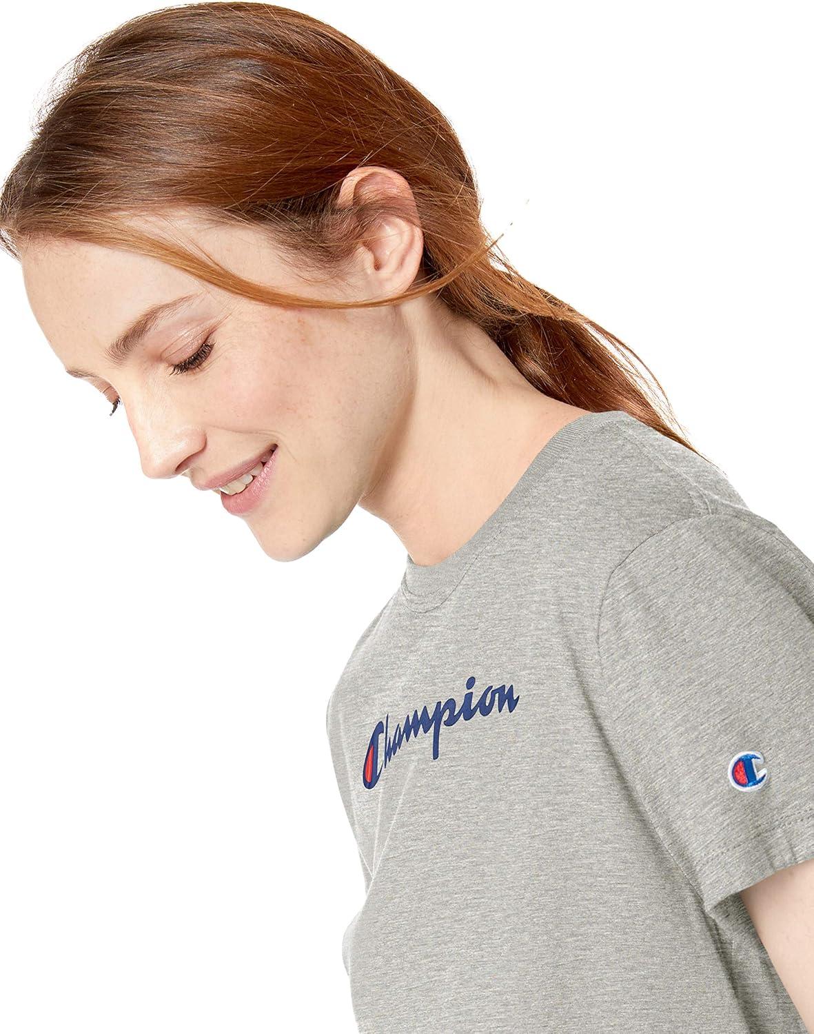 imageChampion Womens Classic Short Sleeve Graphic TShirt Standard Fit Script LogoOxford Gray Script Retired