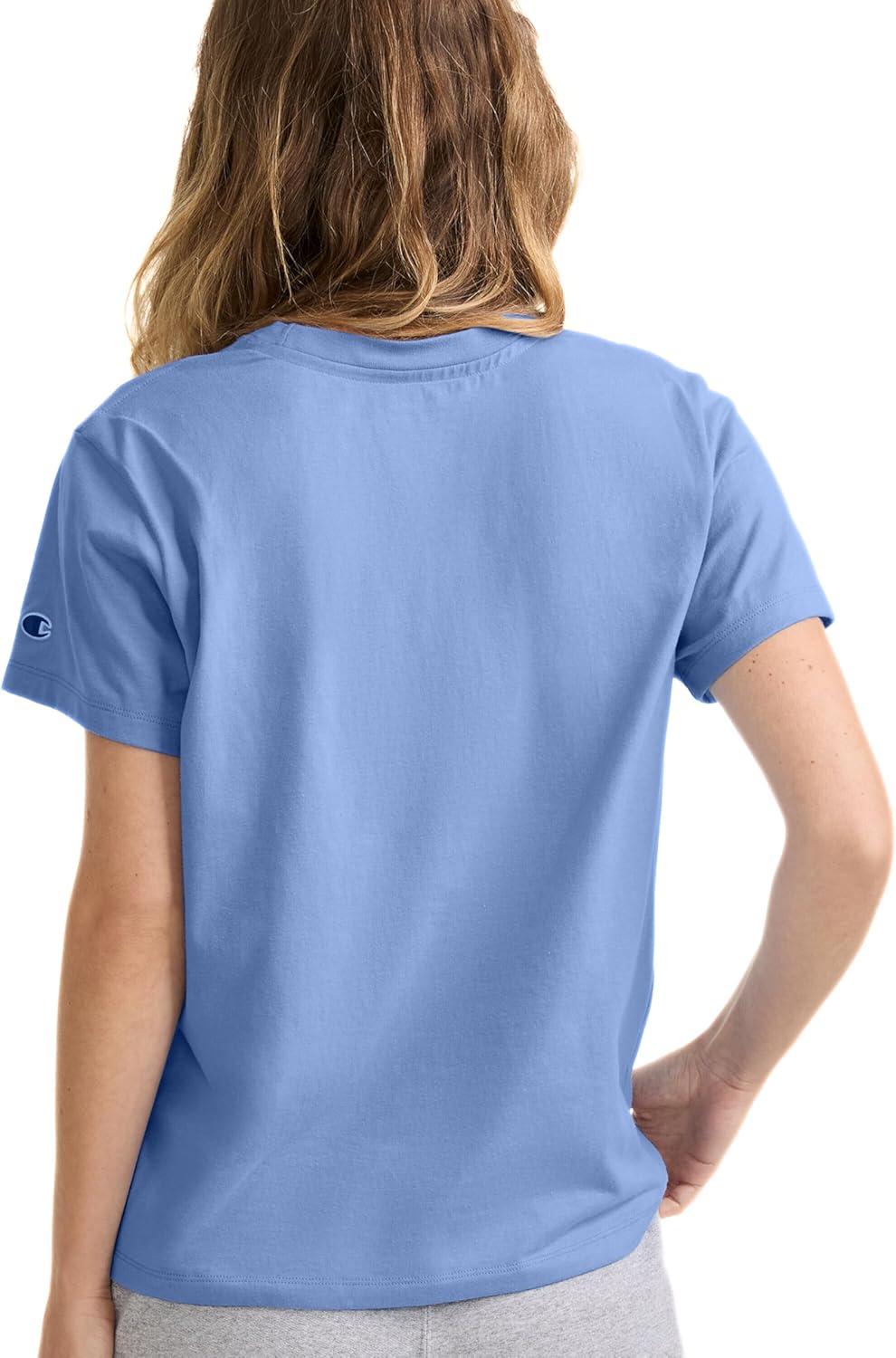 imageChampion Womens Classic Short Sleeve Graphic TShirt Standard Fit Script LogoPewter Blue  Small Tonal Script Logo