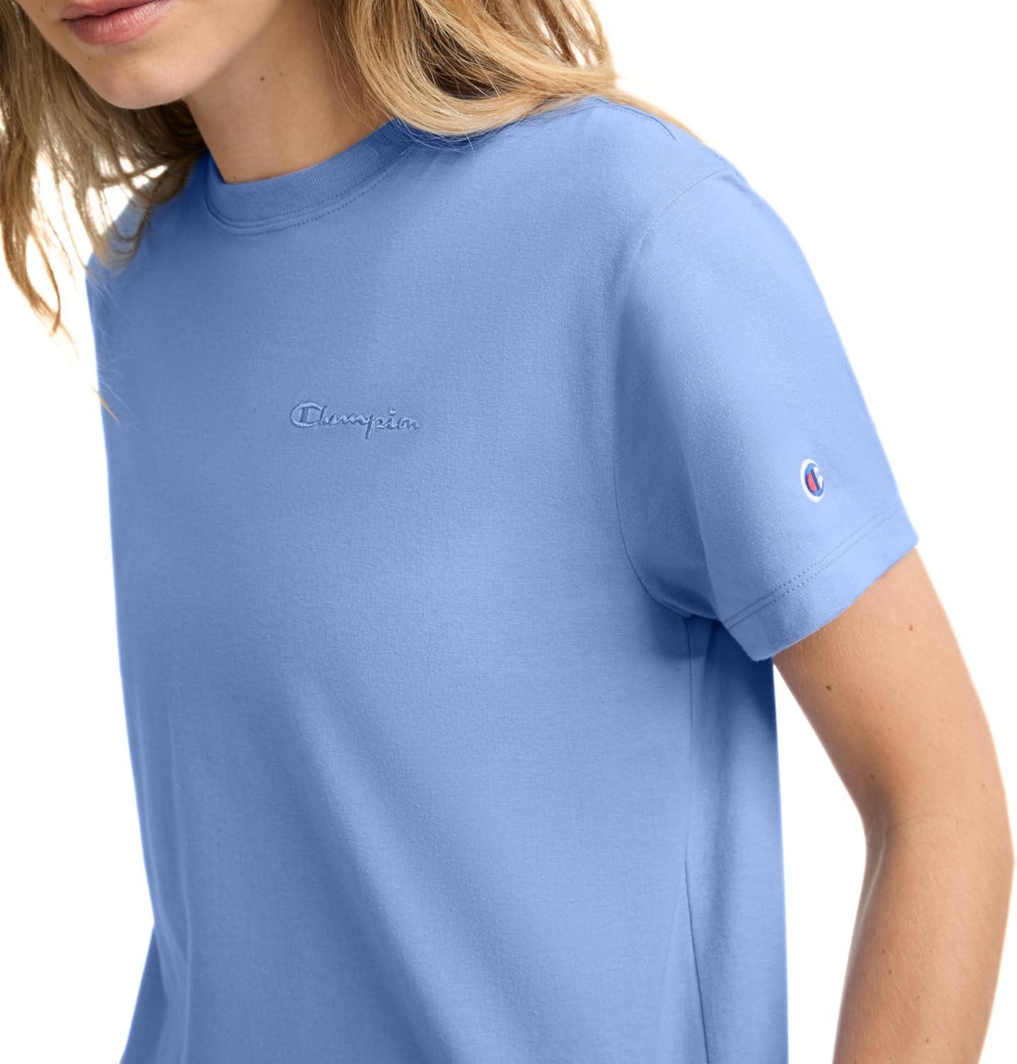 imageChampion Womens Classic Short Sleeve Graphic TShirt Standard Fit Script LogoPewter Blue  Small Tonal Script Logo