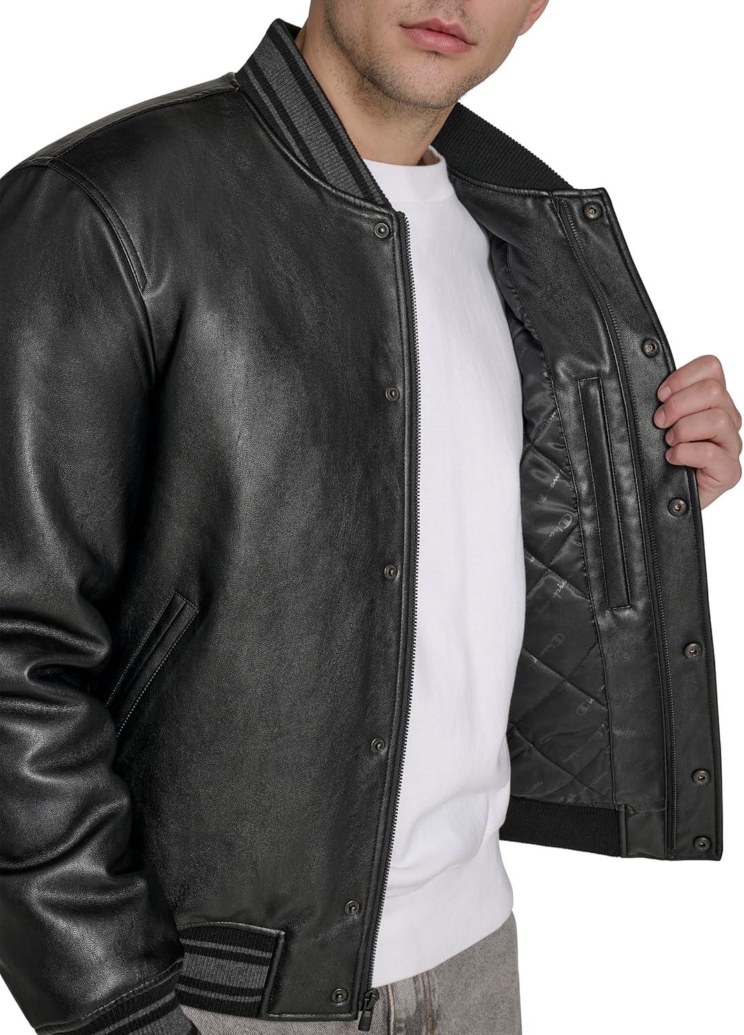 imageChampion mens Letterman Varsity Bomber Jacket With PatchesBlack Faux Leather