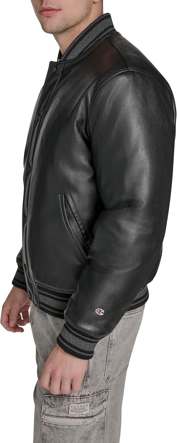 imageChampion mens Letterman Varsity Bomber Jacket With PatchesBlack Faux Leather