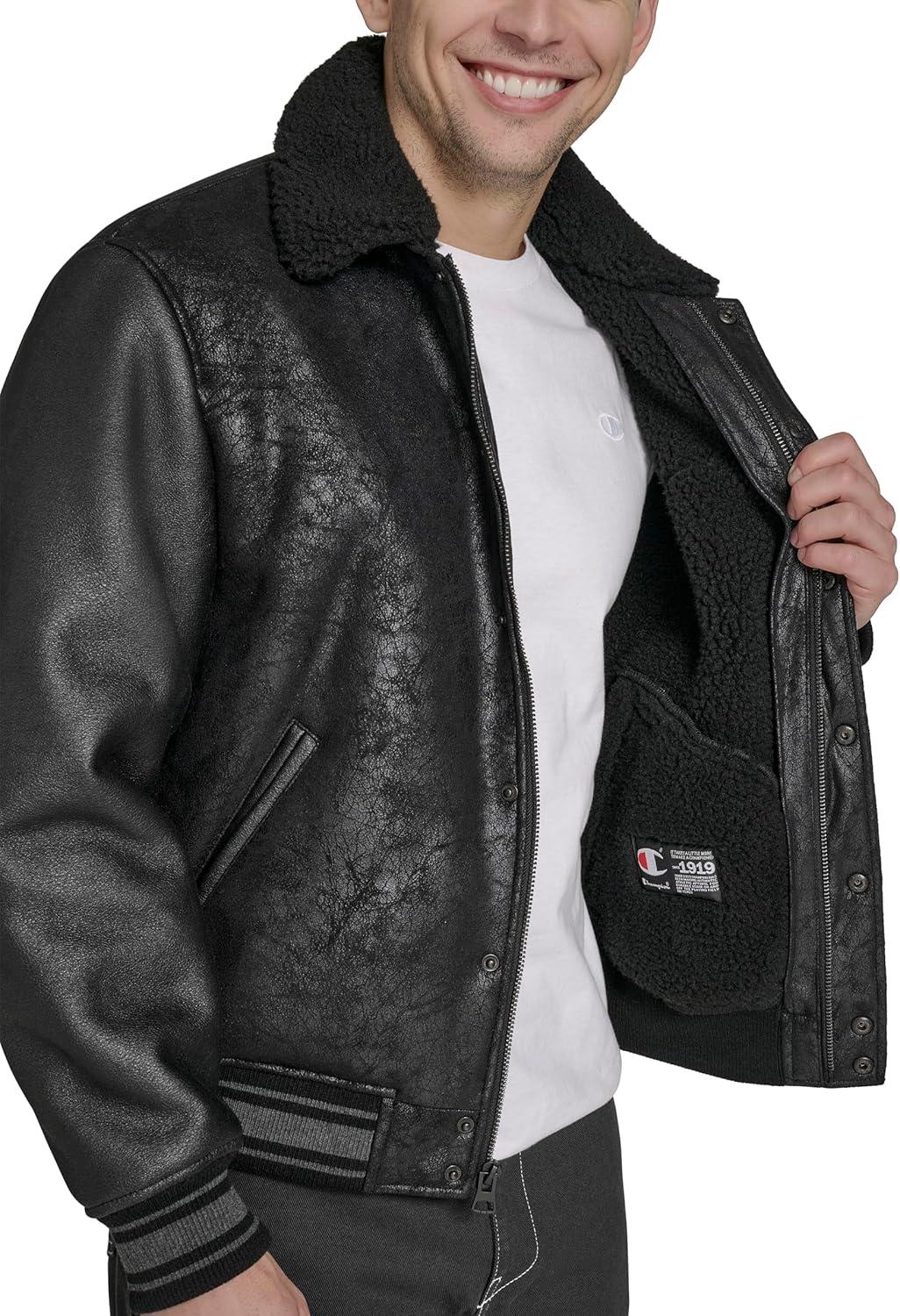 imageChampion mens Letterman Varsity Bomber Jacket With PatchesBlack Faux Shearling