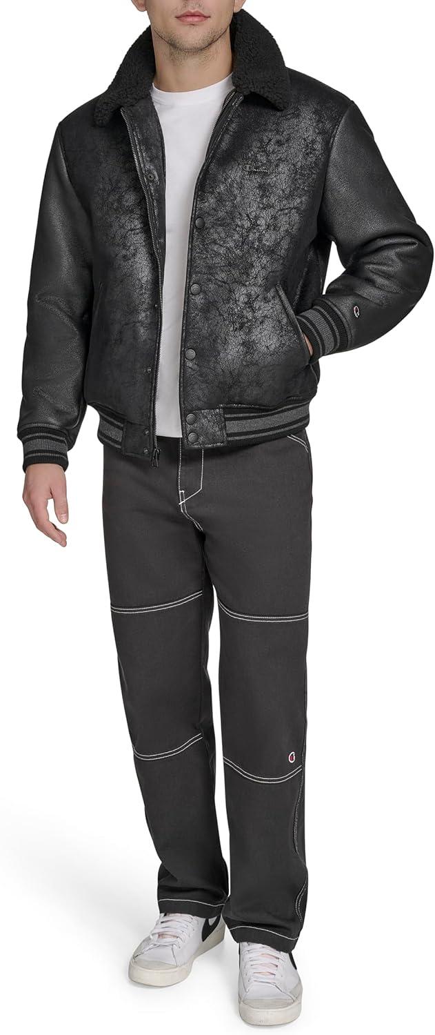 imageChampion mens Letterman Varsity Bomber Jacket With PatchesBlack Faux Shearling
