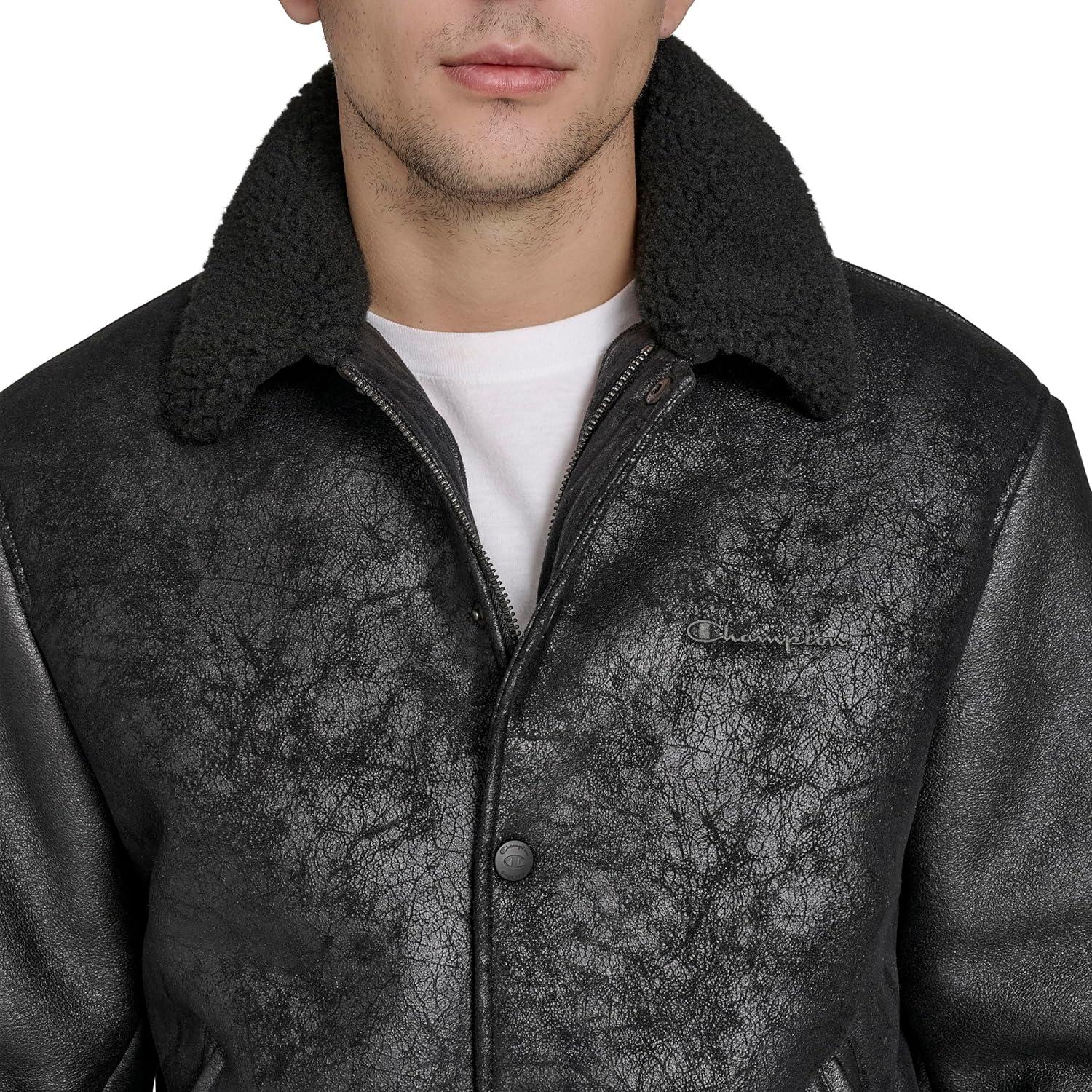 imageChampion mens Letterman Varsity Bomber Jacket With PatchesBlack Faux Shearling
