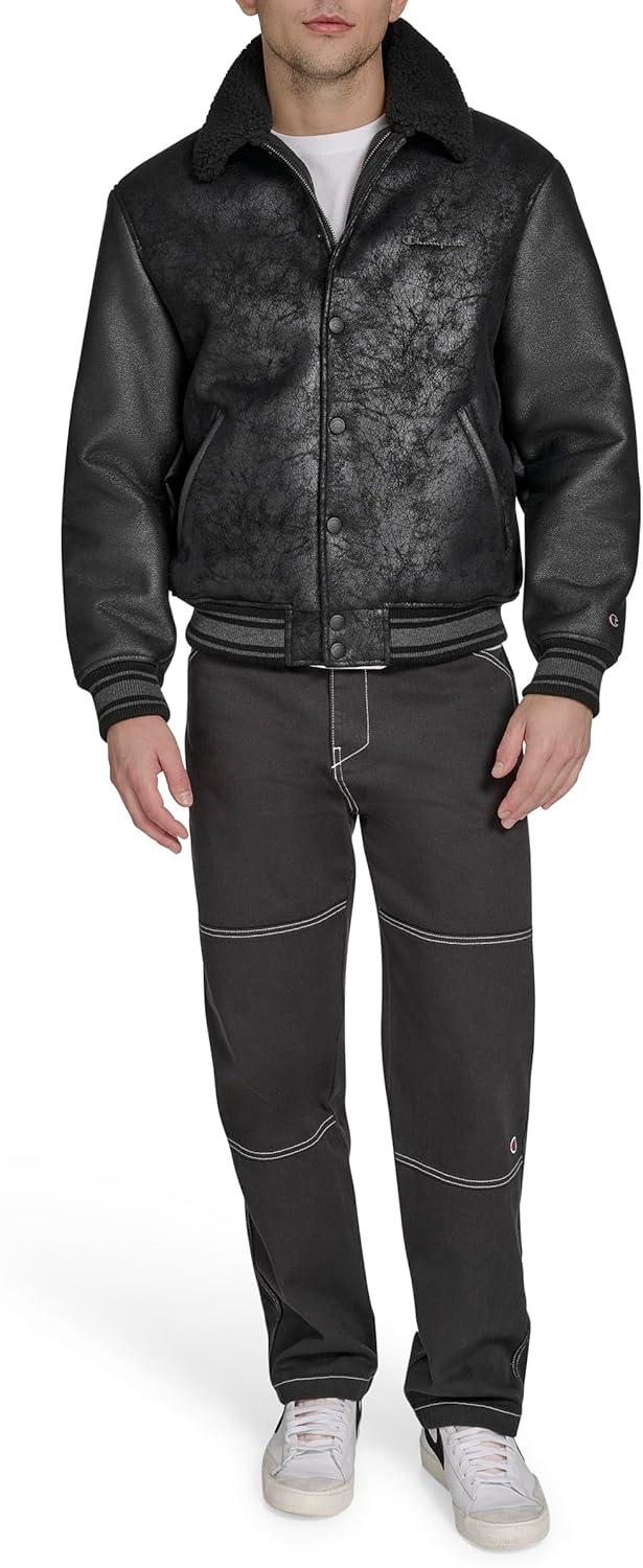 imageChampion mens Letterman Varsity Bomber Jacket With PatchesBlack Faux Shearling