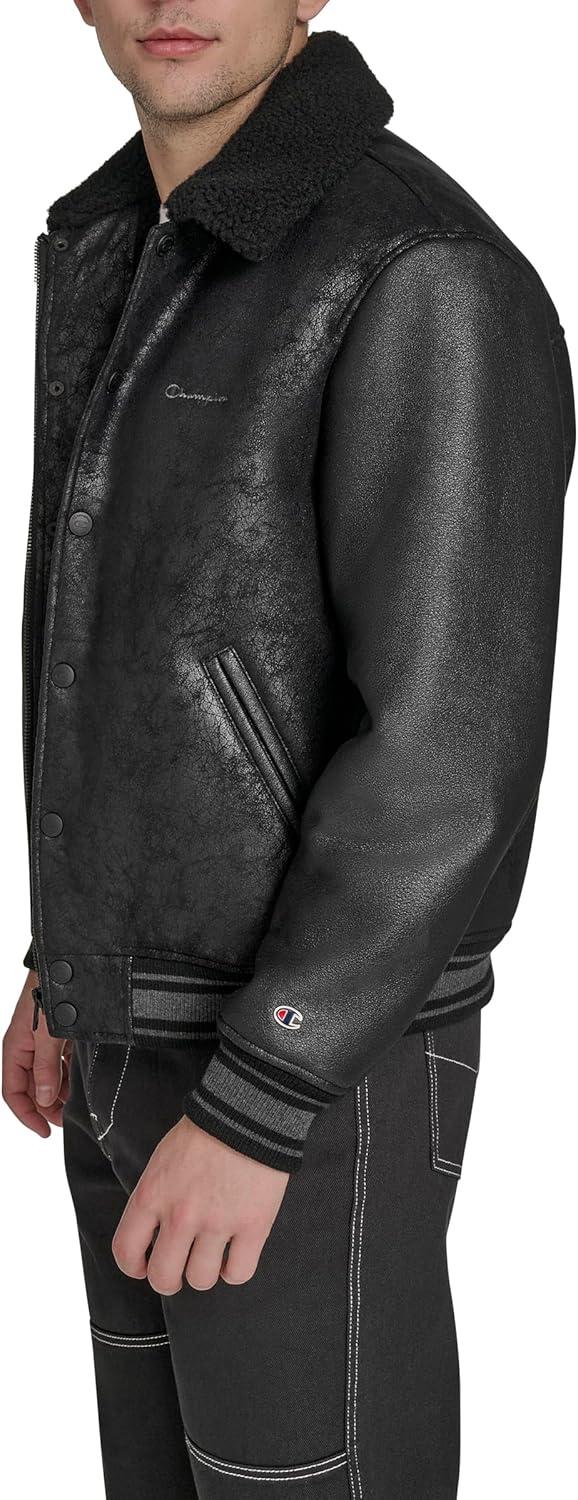imageChampion mens Letterman Varsity Bomber Jacket With PatchesBlack Faux Shearling