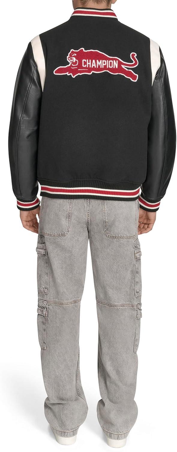 imageChampion mens Letterman Varsity Bomber Jacket With PatchesBlackRed